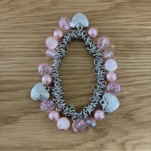 Bracelet Pink & Silver with Hearts Stretchy - 4 Inches